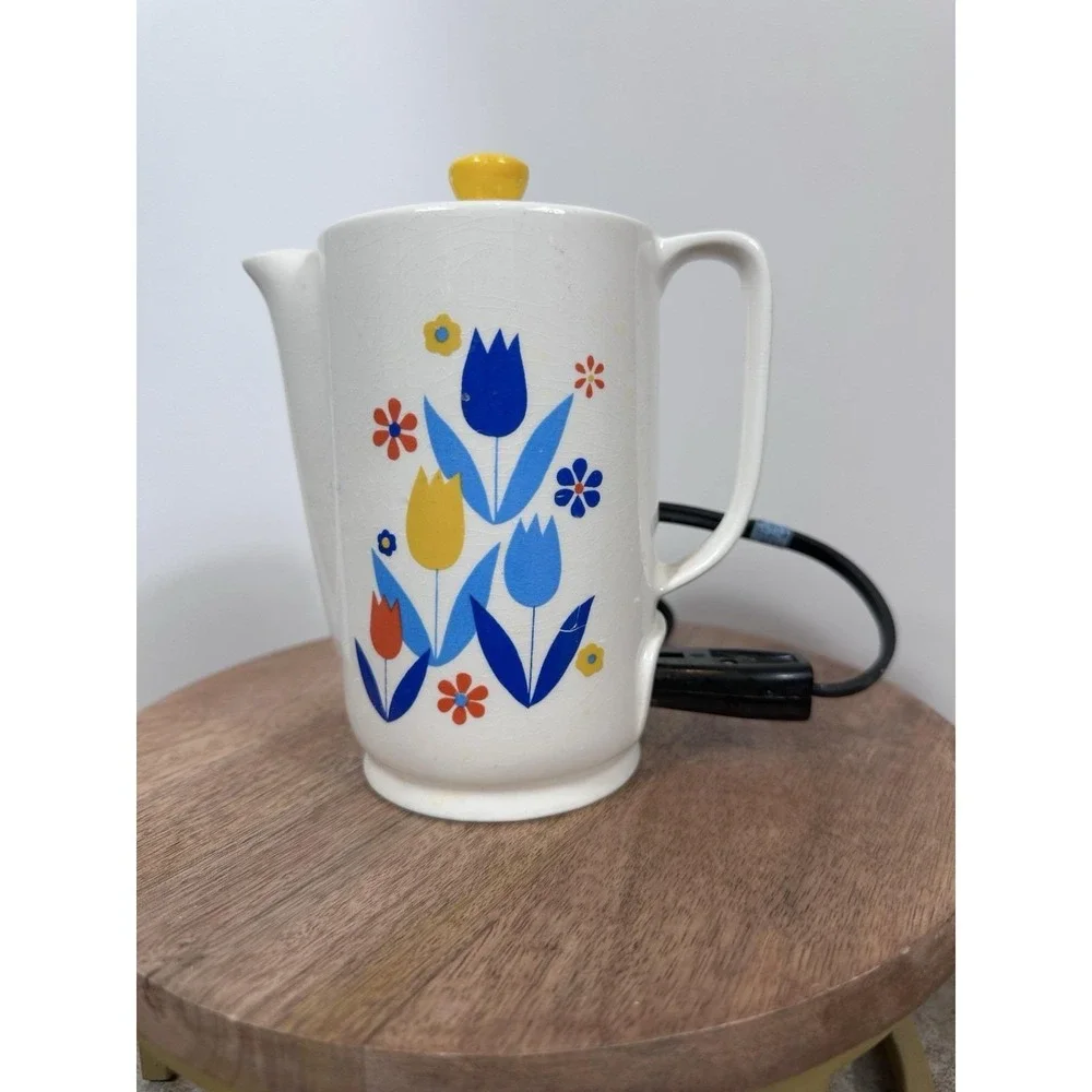 Vintage Ceramic Tulips Electric Working Teapot Yellow Blue Red Design